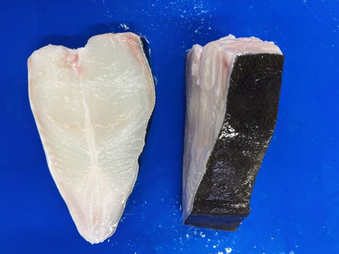 Two small halibut fillets on a blue chopping board. The fillet on the left is skin side down and the fillet on the right is skin side up.