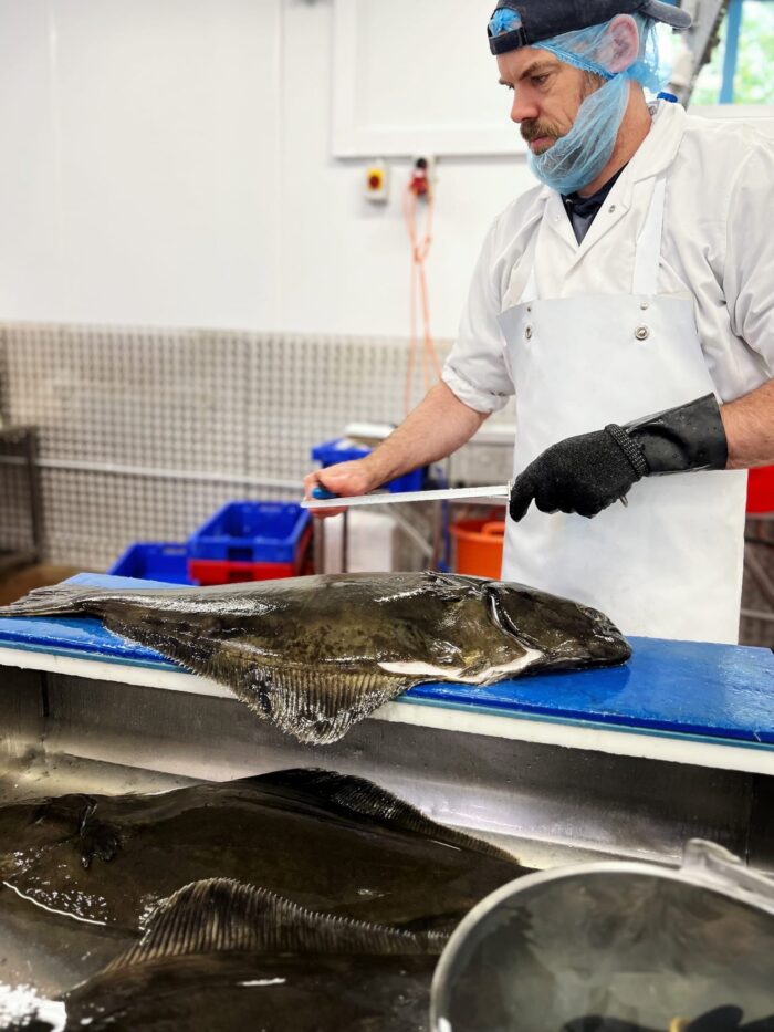 Fishmonger wearing safety equipment and hair nets, holding a fish knife preparing a fresh, whole halibut on a blue chopping board